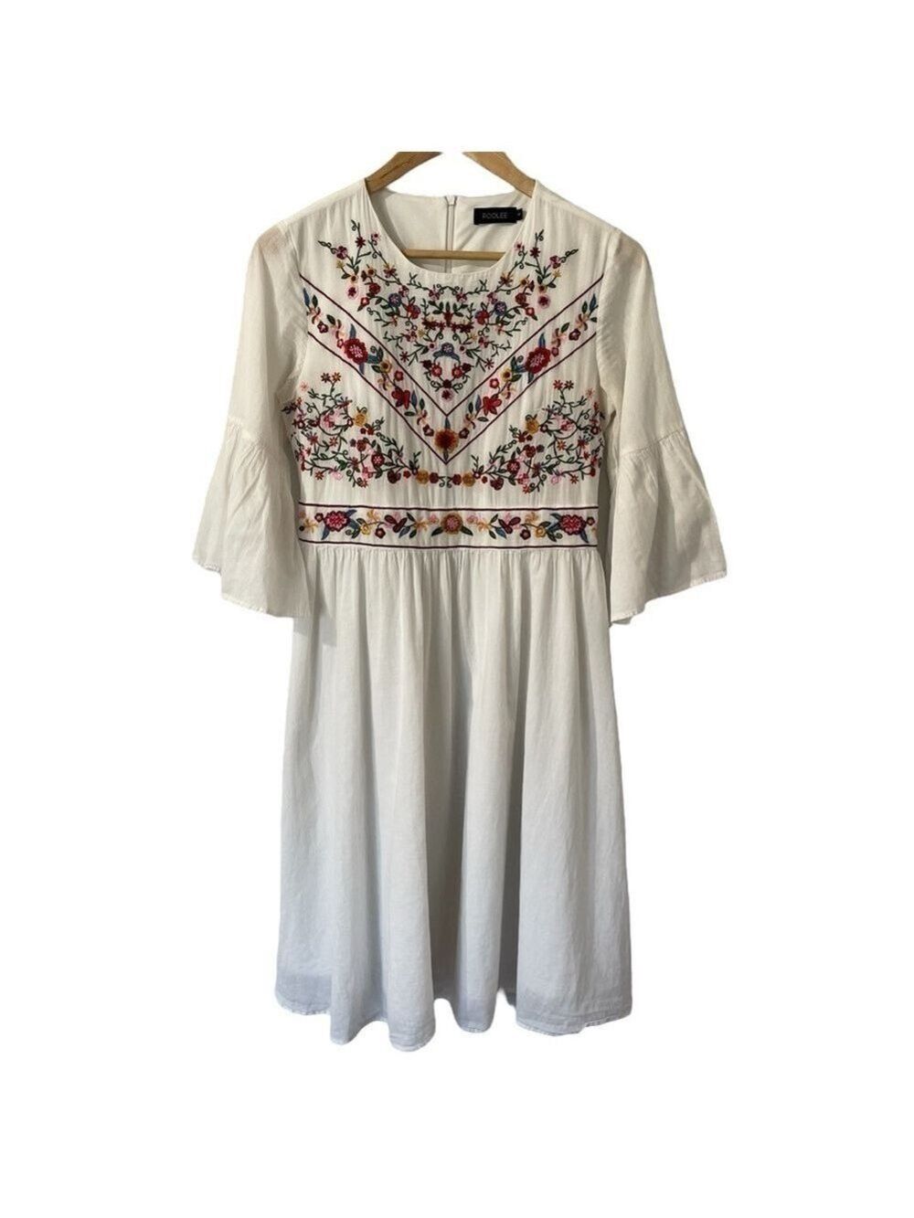 Roolee Embroidered Long Sleeve Dress Sz S White Floral Peasant Prairie Boho EUC
